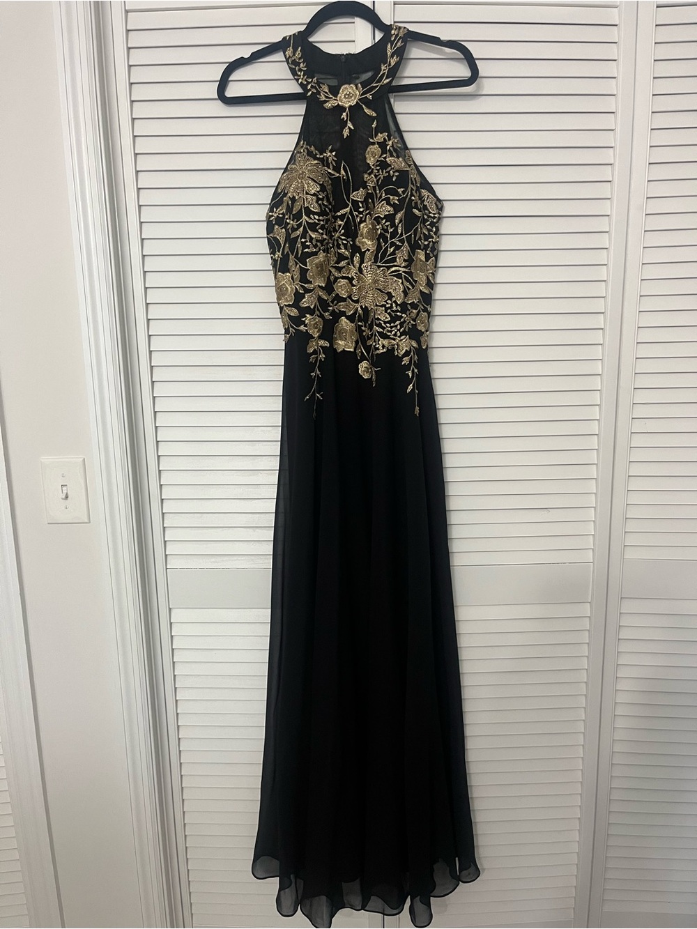 Betsy & Adam Black Halter Gown with Gold Floral Embroidery